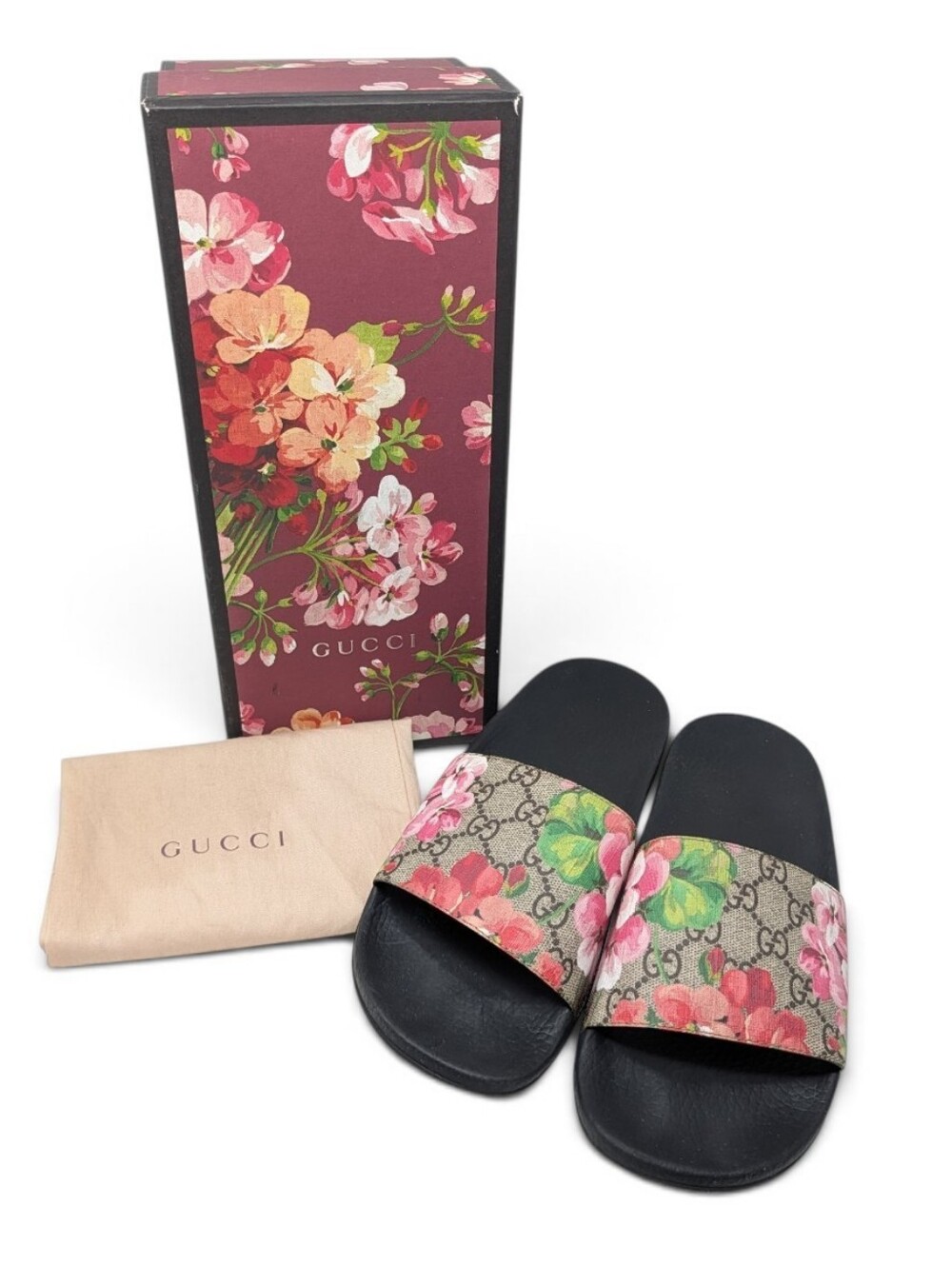Gucci GG Web Supreme Bloom Pursuit Floral Slide Sandals Size EU 40